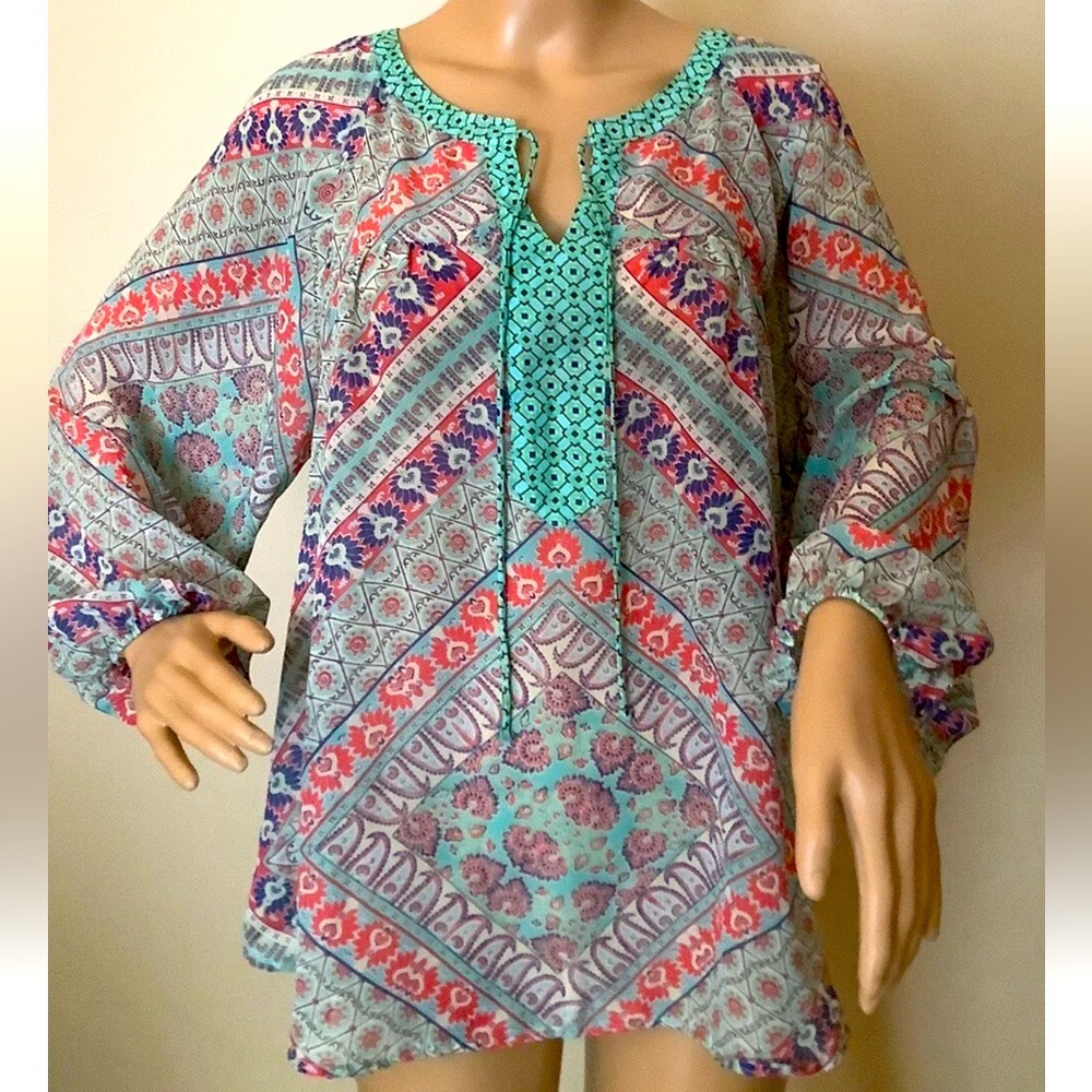 Anthropologie fig and flower sheer Boho Top. S